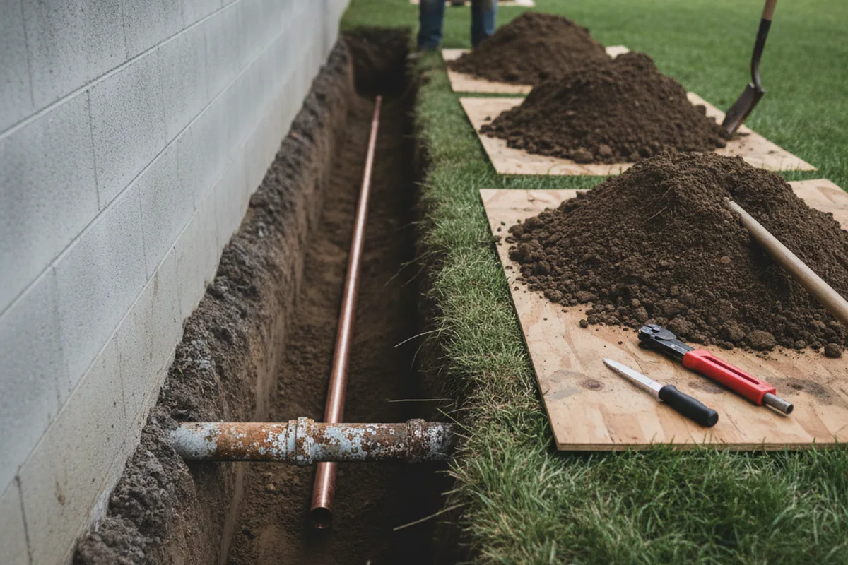 Excavated water line trench during Water Softener Installation in Raynham